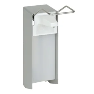 Das Bild zeigt einen modernen, grauen Papierhandtuchspender aus Metall mit einer weißen Ablauföffnung und einem ausgeklappten Haltebügel für die Papierhandtücher. Der Spender ist an einer Wand montiert und bietet eine praktische Lösung für die Handtrocknung in öffentlichen Toiletten.